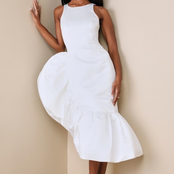 Lulus Magnificent Presence White Ruffled Asymmetrical Midi Dress - Size S - Picture 1 of 3